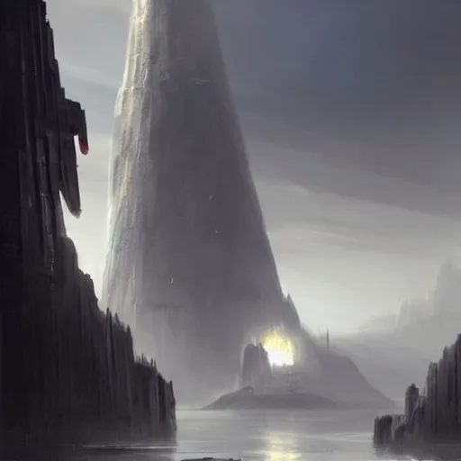 Prompt: star wars concept art by greg rutkowski, a palatial and imposing grey wide tower emerging from a volcano in the middle of a ocean landscape, enigmatic atmosphere, beautiful and cinematic lighting, artstation hq.