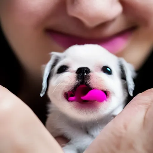 Prompt: photo of person with a tiny puppy inside their mouth