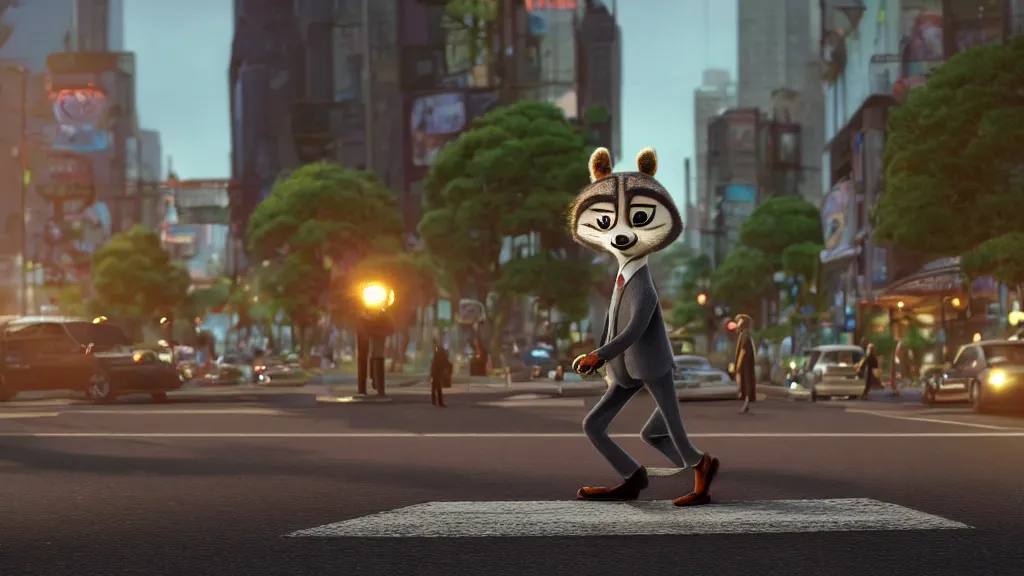 Image similar to An anthropomorphic raccoon businessman is walking down a busy crosswalk at sunset, warm lighting with an orange glow blanketing the cityscape, zootopia, other anthropomorphic characters are walking by him, extremely detailed, HDR, sideview, solemn and moody, many cars and animal people in the background, detailed face and eyes, visible pupils, the ground is wet with many rain puddles, reflections from the water on the ground, shadows are being cast from the cars and people walking around