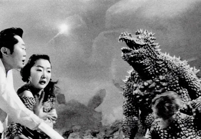 Image similar to a filmstill of pulgasari, kaiju starfish, monster movie, korean film noir, 1 9 5 0 s thriller, kim jong - il, in the style of rashomon and godzilla