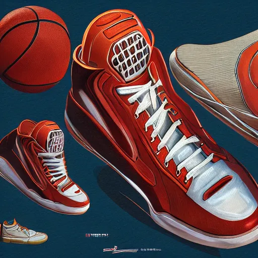 Prompt: basketball sneaker concept art, barocco, sharp focus, illustration, concept art by tooth wu
