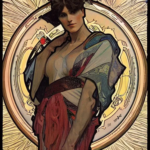 Image similar to legendary warrior, painted by alphonse mucha