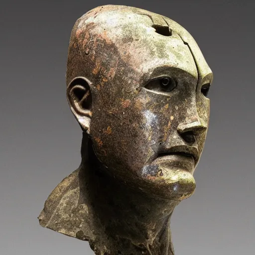 Image similar to an extremely ancient ironman bust that is tarnished and covered in sediment from uncovered earth expedition, rare photograph, smithsonian,