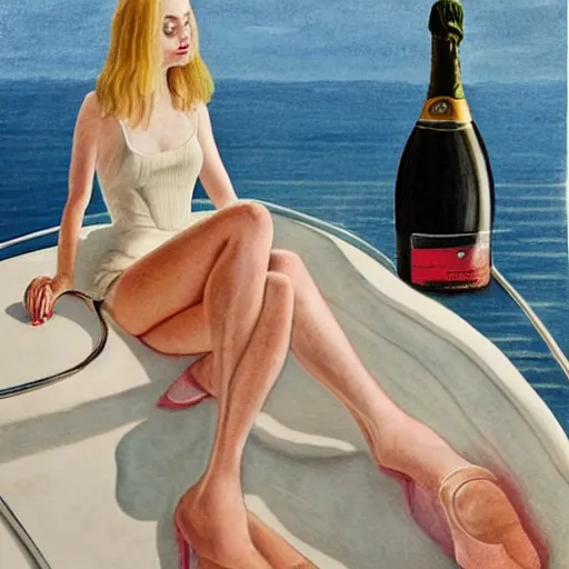 Prompt: Elle Fanning on a yacht next to a bottle of champagne, extremely detailed masterpiece, illustration, by Michael Sowa,