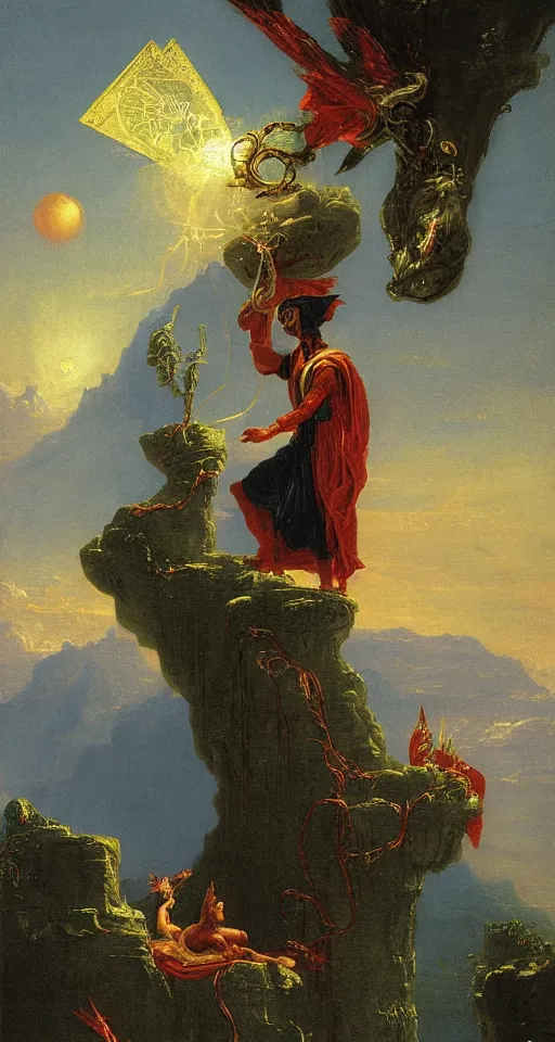 Prompt: Ornate tarot card of the magician, matte painting by Thomas Cole