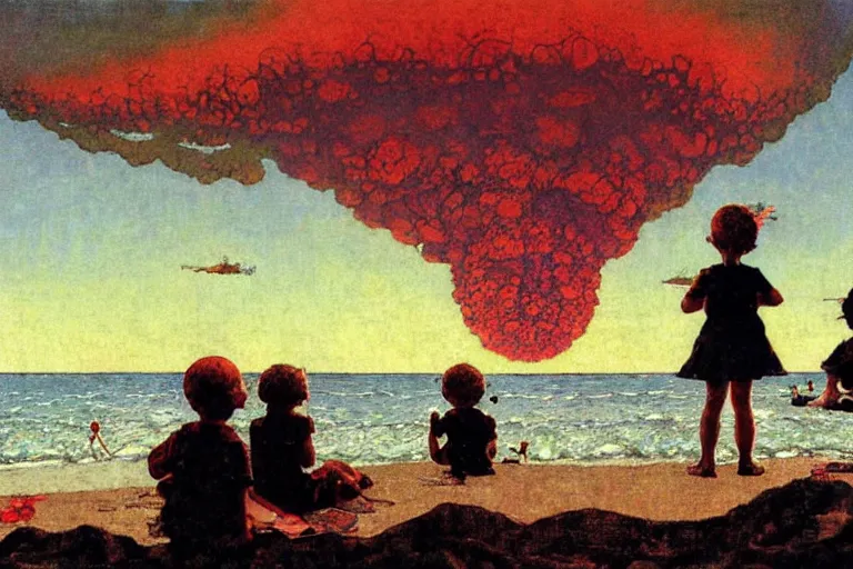 Image similar to children playing at the beach, huge atomic explosion in the background, view from above, detailed, by norman rockwell, by mattias adolfsson, by moebius, oil on canvas,