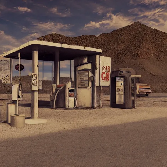 Image similar to an old, tiny abandoned gas station in the middle of the desert, cobweb, old, artstation, digital art.