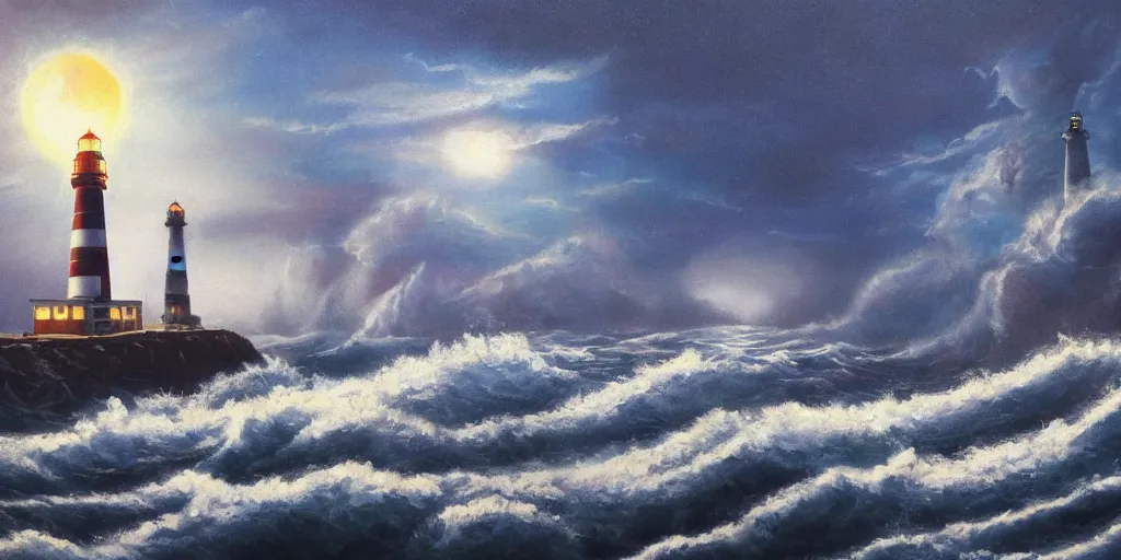 Prompt: An oil painting of a lighthouse on a raging sea at night, moonlight shining through the clouds, BioShock, 80s sci fi, Retro Futurism Art