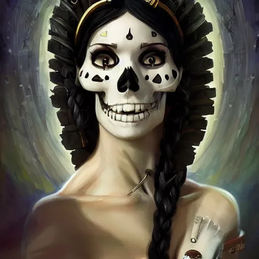 Prompt: cute & beautiful smug smiling undead skeleton girl with very attractive face and black hair dressed as a cleopatra, elegant, digital art, fullbody painting, fantasy, pixar style, painting, pin up, highly detailed, artstation, art by artgerm, vrubel, greg rutkowski, ilya kuvshinov, raymond swanland