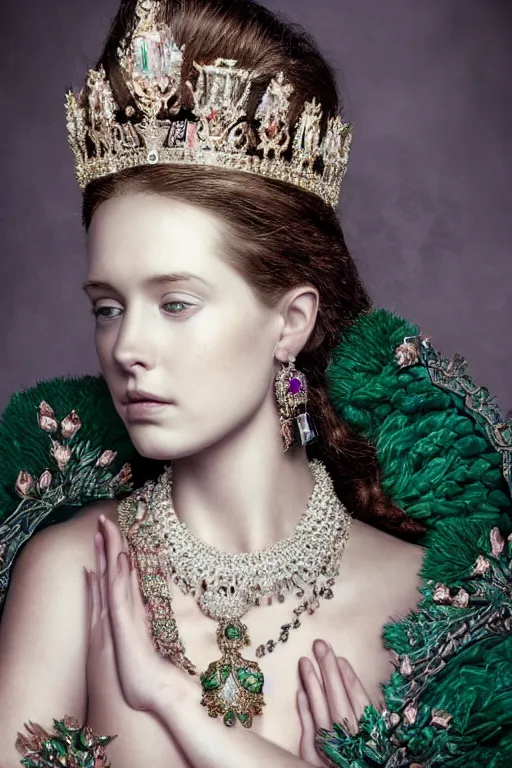 Image similar to beautiful very detailed portrait of a young princess with lots of jewelry and an Ultra Lux jade mask, full body, in the background there is a minimalistic throne, digital art , photos by Annie Leibovitz, moody, models by 500px, dramatic cinematic lighting rendered by octane, 8k, detailed, intricate, clean and textures, trending on artstation, deviantart google images, pinterest