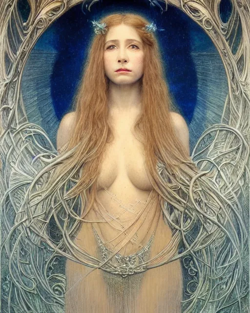 Image similar to matte painting portrait shot, beautiful mira sorvino, detailed and intricate by jean delville, gustave dore and marco mazzoni, art nouveau, symbolist, visionary, colourful, pre - raphaelite