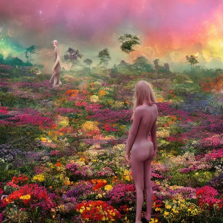 Image similar to a planet of various flowers, fungus and plants, in which the human figure is dressed in something magical and impressive, inside the picture is infinity, sunset light, Atmospheric phenomenon, artistic photography, muted colors, conceptual, long exposure outside the city