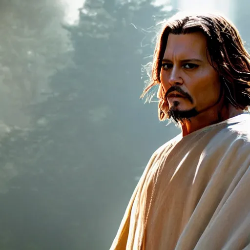 Prompt: stunning awe inspiring johnny depp as jesus christ, movie still 8 k hdr atmospheric lighting