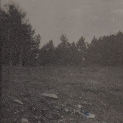 Image similar to old photo of a creepy landscape, scary figure in the distance