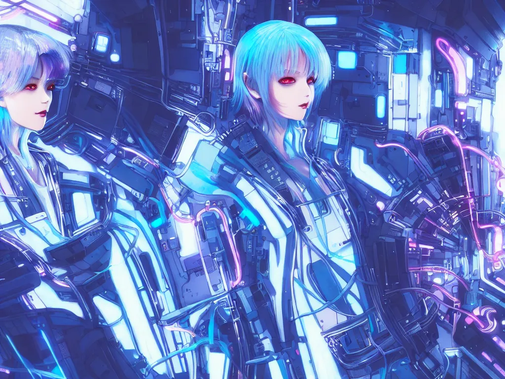 Image similar to portrait light blue hair anime visual futuristic female cyber airforce, on cyberpunk neon light tokyo rooftop, ssci - fi and fantasy, intricate and very beautiful, human structure, concept art by kyoto studio, sharp focus, anime fantasy illustration by rossdraws and magali villeneuve and liya nikorov and luxearte, frostine engine