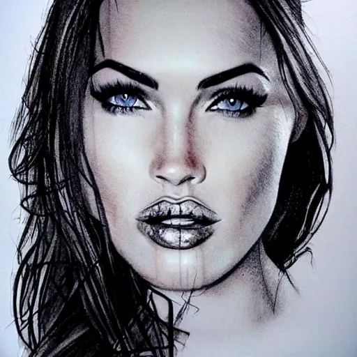Image similar to realism tattoo sketch of double exposure megan fox with beautiful mountain scenery, in the style of andrey lukovnikov
