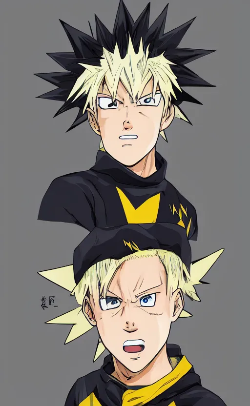 Image similar to a young boy with spikey yellow hair and lightning powers, portrait, white background, Illustrated by Kohei Horikoshi, high quality face, detailed eyes, big eyes, official media, 8k, anime, detailed, HD, trending on artstation, Illustrated by Akira Toriyama