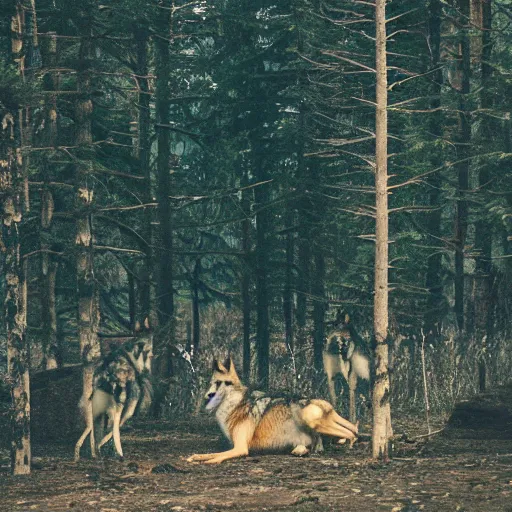 Prompt: wolves in the distance of a forest