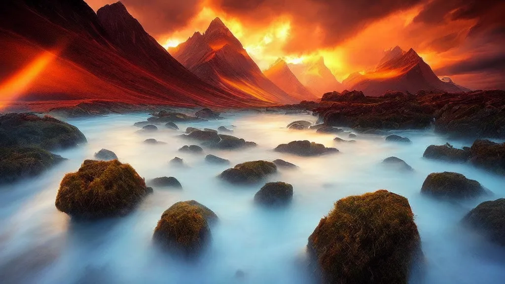 Image similar to amazing landscape photo by marc adamus, beautiful dramatic lighting