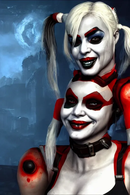 Image similar to an in game portrait of harley quinn from doom eternal, doom eternal art style.