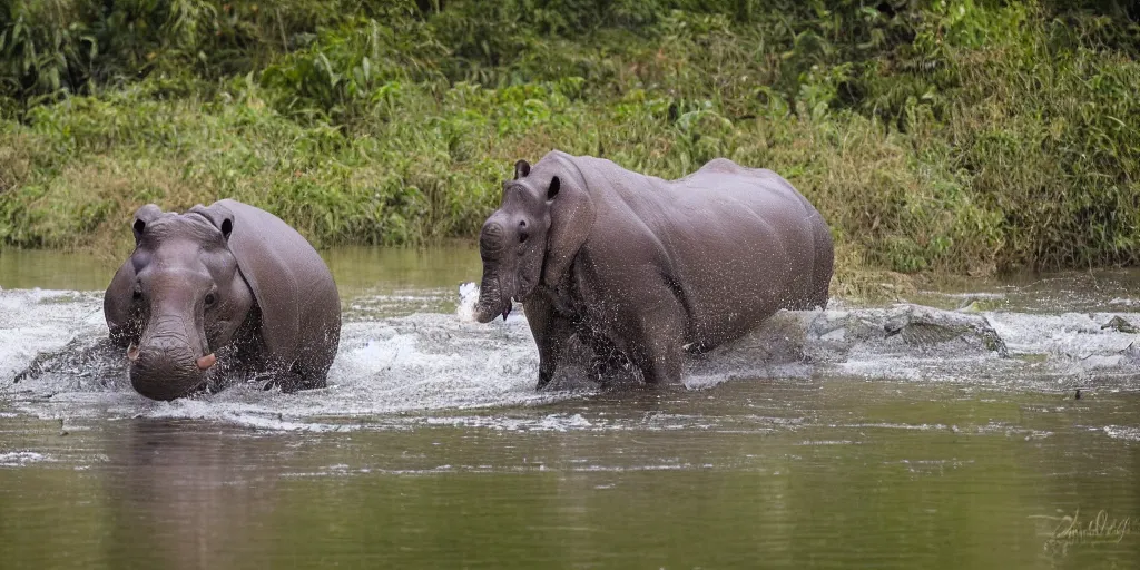 Image similar to a single hippo in a river in the jungle. the hippo has a rhino's horn and an elephant's trunk. extremely high fidelity, natural lighting