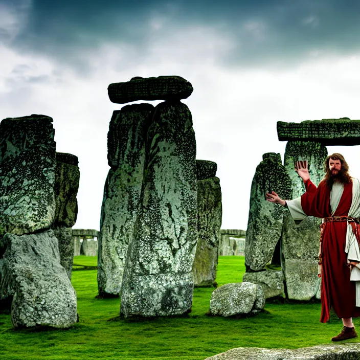 Image similar to photograph of a real-life beautiful druid with ornate robes at stonehenge . Extremely detailed. 8k