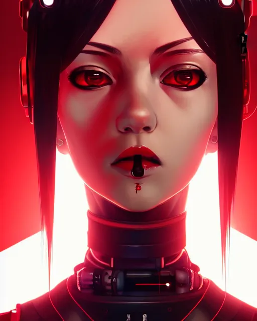 Image similar to a detailed potrait of a cyberpunk cyborg girl with black and red parts, perfect face, realistic shaded perfect face, detailed. night setting. very anime style. realistic shaded lighting poster by ilya kuvshinov katsuhiro, unreal engine, global illumination, radiant light, detailed and intricate environment