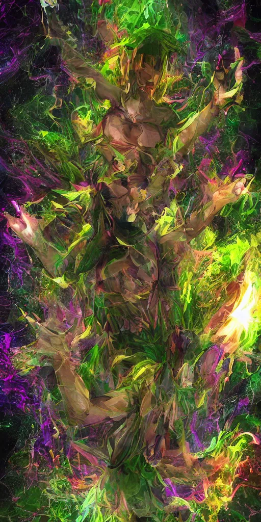 Image similar to cannabis hallucination of your own body crushing into a peaceful singularity, fantasy, digital art, trending on artstation