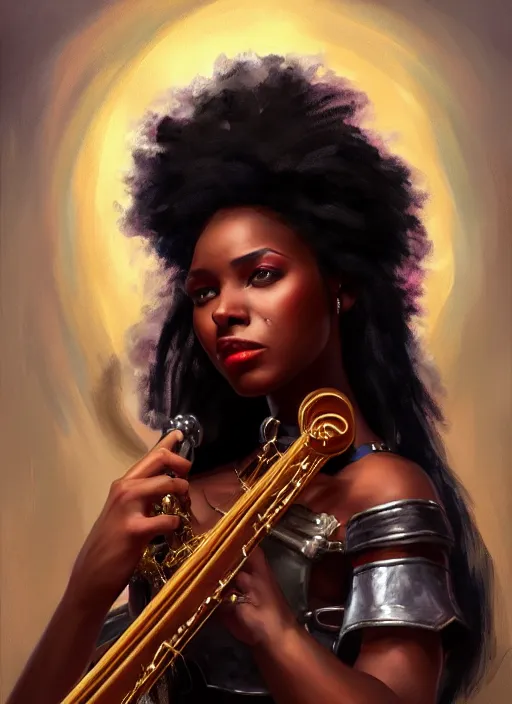 Image similar to a _ fantasy _ style _ portrait _ painting _ of black female charismatic bard playing instrument, rpg dnd oil _ painting _ unreal _ 5 _ daz. _ rpg _ portrait _ extremely _ detailed _ artgerm _ greg _ rutkowski _ greg