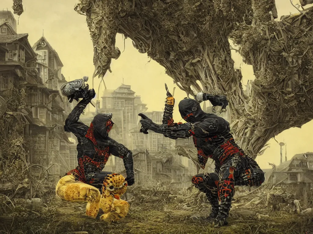 Prompt: Hooligan ninjas bee squatting on suburbia. Photorealistic, lifelike, Unreal Engine, sharp, sharpness, detailed, 8K, by Gerald Brom, Dan Mumford