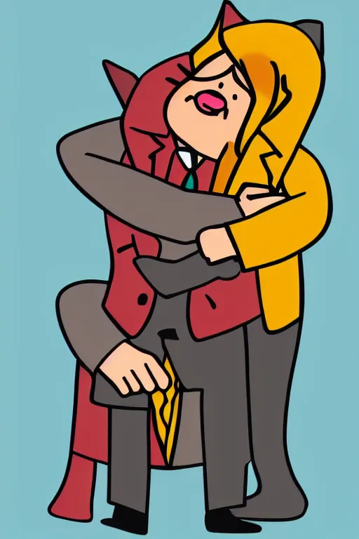 Prompt: the big bad wolf wearing a suit hugging his son, colorful, sticker, vector art, clean,