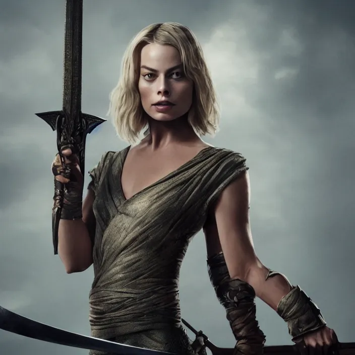 Image similar to margot robbie, holding broadsword, sword. very coherent symmetrical artwork. cinematic, high detail, octane render, 8 k