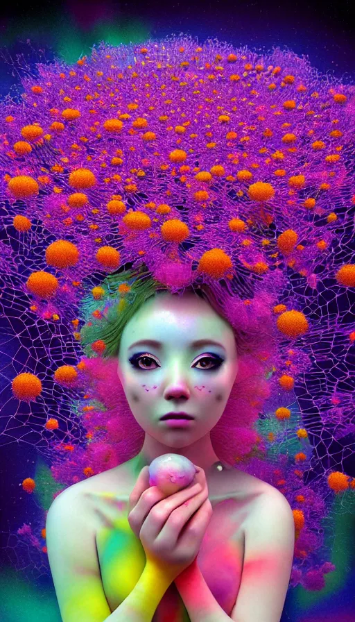 Image similar to hyper detailed 3d render like a Oil painting - kawaii Aurora (Singer) seen Eating of the Strangling network of colorful yellowcake and aerochrome and milky Fruit and Her delicate Hands hold of gossamer polyp blossoms bring iridescent fungal flowers whose spores black the foolish stars by Jacek Yerka, Mariusz Lewandowski, Houdini algorithmic generative render, Abstract brush strokes, Masterpiece, Edward Hopper and James Gilleard, Zdzislaw Beksinski, Mark Ryden, Wolfgang Lettl, hints of Yayoi Kasuma, octane render, 8k