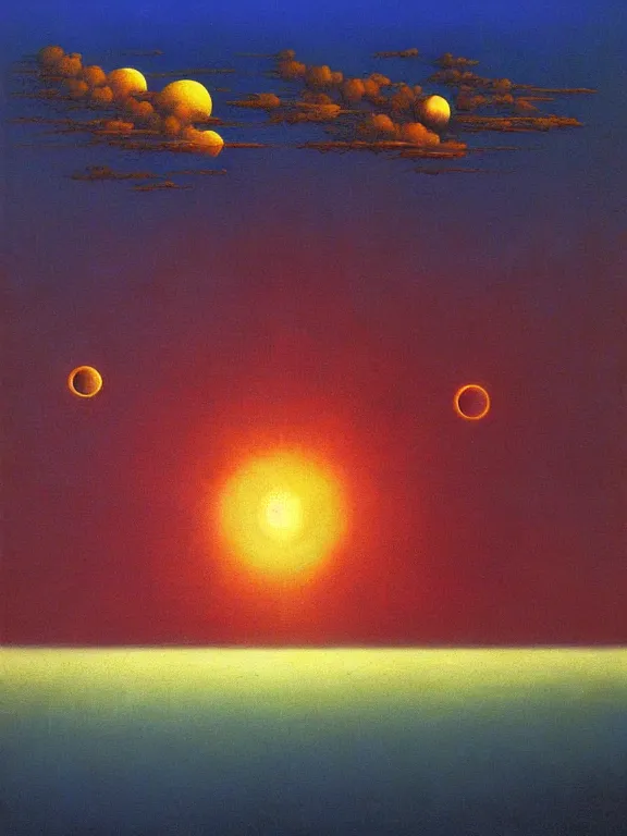 Image similar to A view of the sky from the ground. The sky shows many suns in eclipse, lined up to the horizon. Extremely high details, realistic, fantasy art, solo, masterpiece, saturated colors, colorful, art by Zdzisław Beksiński, Dariusz Zawadzki