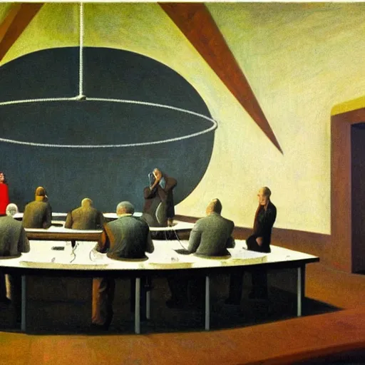 Image similar to scientists programming a doomsday device in a dome - shaped control center, grant wood, pj crook, edward hopper, oil on canvas