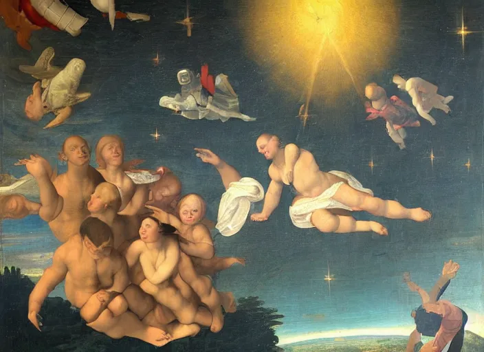 Image similar to an astronaut floating in space, in the style of a renaissance painting