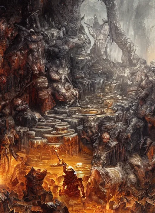 Prompt: fountain of honey in hell, oil painting by tomasz jedruszek, cinematic lighting, pen and ink, intricate line, hd, 4 k, million of likes, trending on artstation