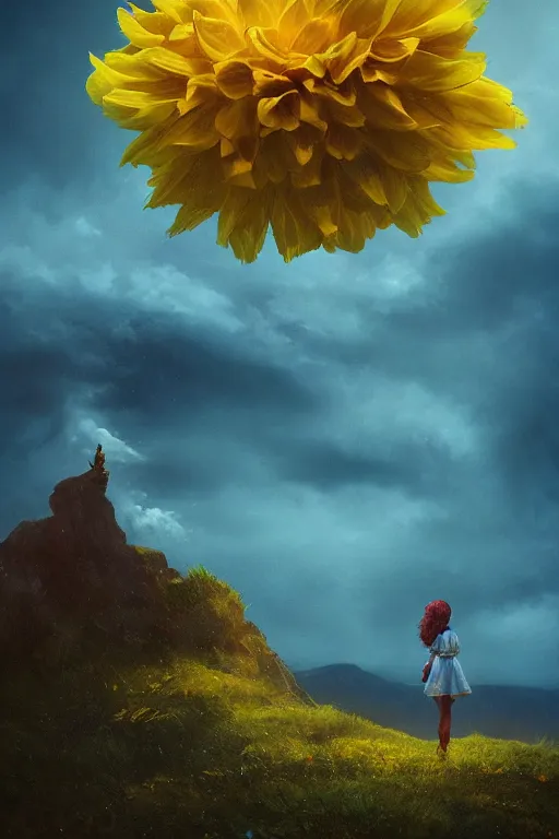 Image similar to closeup girl with huge yellow dahlia flower face, intricate, standing on mountain, surreal photography, blue storm clouds, dramatic light, impressionist painting, digital painting, artstation, simon stalenhag