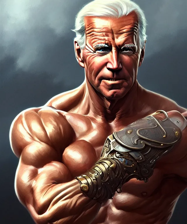 Image similar to muscular, heroic, ruggedly handsome Joe Biden, fantasy, intricate, elegant, highly detailed, digital painting, artstation, concept art, smooth, sharp focus, illustration, art by artgerm and greg rutkowski and alphonse mucha