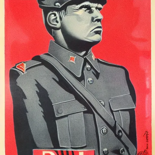 Image similar to ussr propaganda art demonstrating red army soldier looking as donald trump