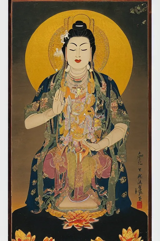 Prompt: A portrait of GUANYIN, Guanyin depicted in center, surrounded by a halo of light. Guanyin is shown seated on a lotus flower, with a serene expression on her face. She is holding a vase of water in her left hand, and a willow branch in her right hand. surrounded by a border of clouds, center framing, soft focus, vertical portrait, natural lighting, f2, 50mm, hasselblad, film grain, portrait lighting, light leaks, byAlessio Albi, Nina Masic