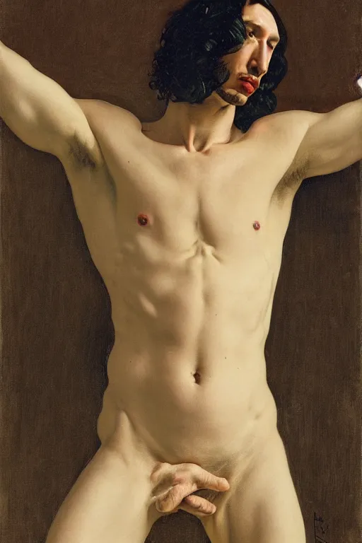 Image similar to body portrait of Adam Driver, colour painting by norman rockwell, guidi prime background by carl spitzweg