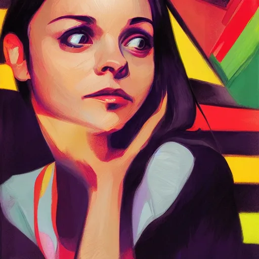 Prompt: Christina Ricci, crayon, by Atey Ghailan, by Franz Marc muted