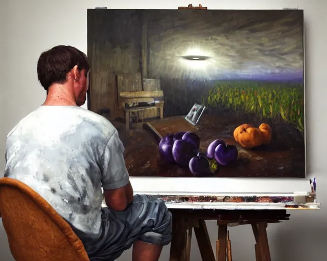 Prompt: a painter in his studio painting a picture of an eggplant emoji - key lighting, soft lights, foggy, by steve hanks, by lisa yuskavage, by serov valentin, by tarkovsky, 8 k render, detailed, oil on canvas