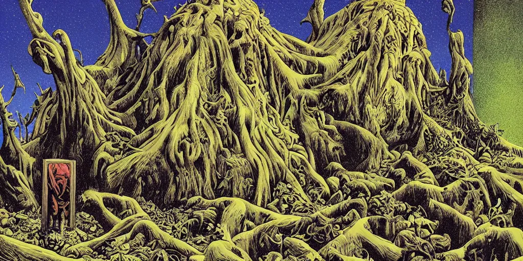 Image similar to Artwork by Richard Corben of the cinematic view of the Celestial Forest of Buried Enchantments.