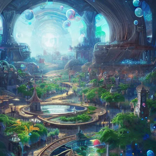 Image similar to a utopian city, filled with fauna, with bubbles floating around everywhere, dynamic lighting, fantasy concept art, trending on art station, stunning visuals, creative, cinematic, ultra detailed