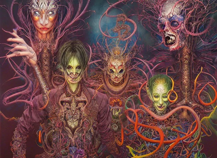 Prompt: realistic detailed image of a friendly figures of dmt jesters made of light walking back and forth in the field by Ayami Kojima, Amano, Karol Bak, Greg Hildebrandt, and Mark Brooks, Neo-Gothic, gothic, rich deep colors. Beksinski painting, part by Adrian Ghenie and Gerhard Richter. art by Takato Yamamoto. masterpiece