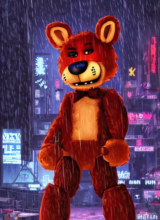 Prompt: character portrait of Foxy from Five Nights at Freddy's in a cyberpunk city at night while it rains. hidari, color page, tankoban, 4K, tone mapping, Akihiko Yoshida. Nomax, Kenket, Rukis. Horror, scary, comic book style, photorealistic, professional lighting, hyperdetailed, high resolution, high quality, dramatic, deviantart, artstation, 4k, real photo