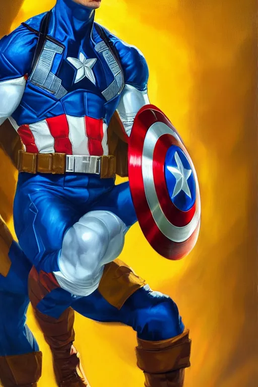 Prompt: hyperrealistic painting of Captain America in blue and yellow colors, oil on canvas, in the style of J.C. Leyendecker, Ross Tran and WLOP, 4k, smooth, sharp focus, extremelydetailed