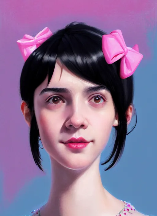 Image similar to portrait of teenage girl, realistic, black hair, bangs, half updo hairstyle, pointy nose, skinny, smile, ugly, defined jawline, big chin, pink hair bow, earrings, intricate, elegant, glowing lights, highly detailed, digital painting, artstation, sharp focus, illustration, art by wlop, mars ravelo and greg rutkowski